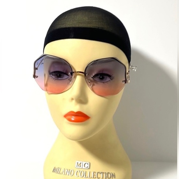 1026-Gradient Zig Zag Round Rimless Sunglasses- Blue/Pink - Picture 3 of 6